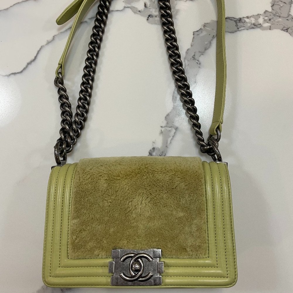CHANEL Boy Small Light Green Lambskin Rabbit Fur